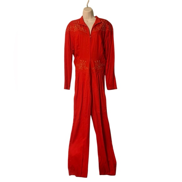 Vintage 90’s red bedazzled zip up jumpsuit size large - Picture 1 of 10